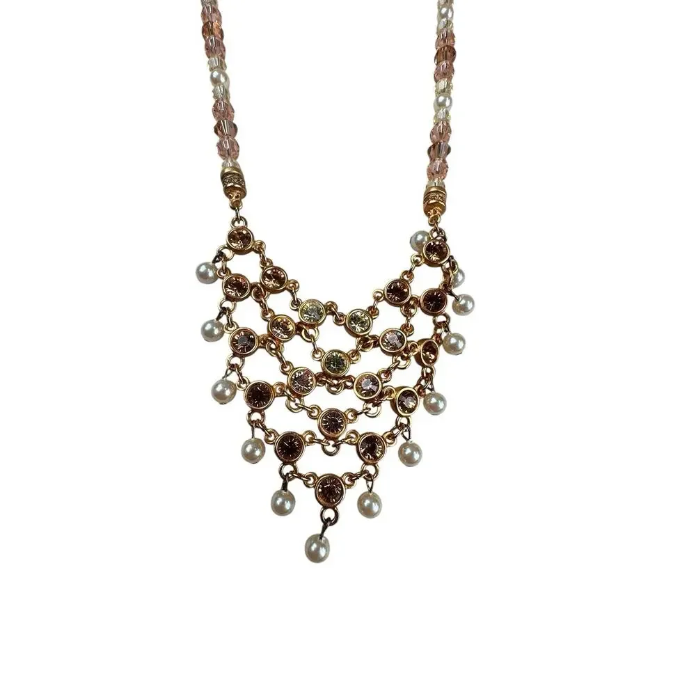 Vintage Swarovski Crystal Faux Pearl Bib Necklace Signed Statement Bridal